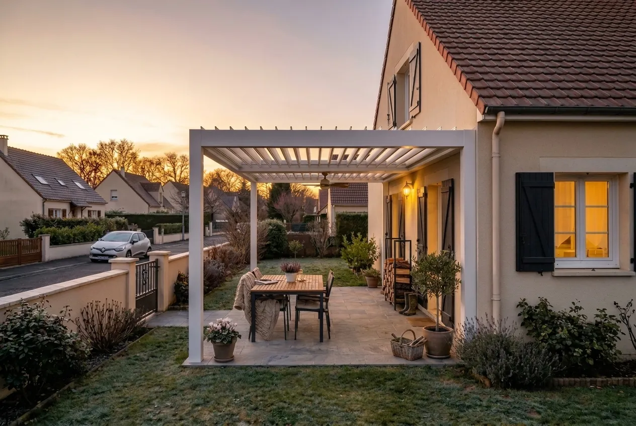 Pergola bioclimatique adossée en soirée au coucher du soleil