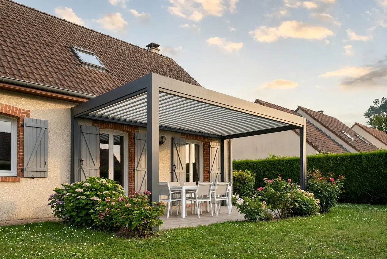 Pergola bioclimatique aluminium anthracite adossée avec mobilier de jardin