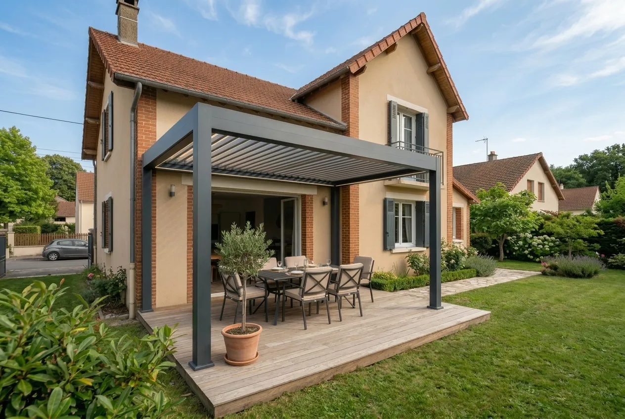 Installation pergola bioclimatique aluminium anthracite avec terrasse bois