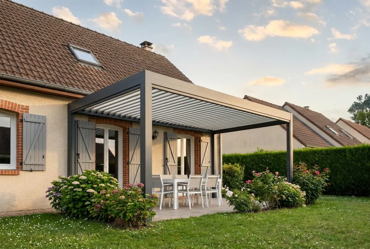 Espace repas sous une pergola aluminium anthracite